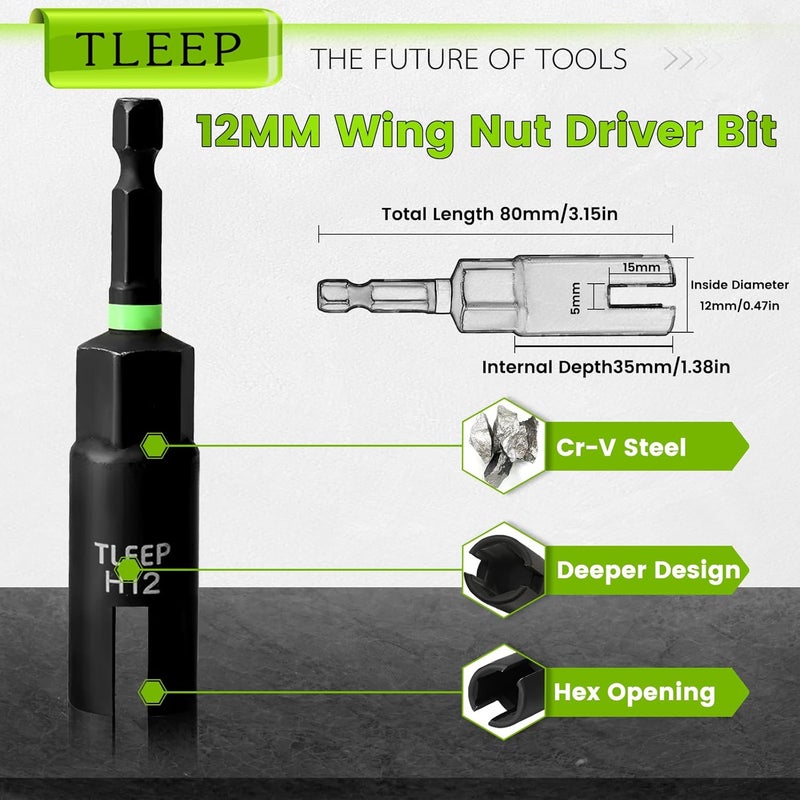 TLEEP Deep Nut Driver Set for Impact Drill w/Wing Nut Driver Bit, Sae/Metric 80MM Deep Nut Driver Bits, 1/4" Quick Change, 8mm 10mm 13mm 9/16”(14mm) 5/8”(16mm) 17mm 3/4”(19mm) 5/16” 3/8” 7/16” 1/2” - Image 5